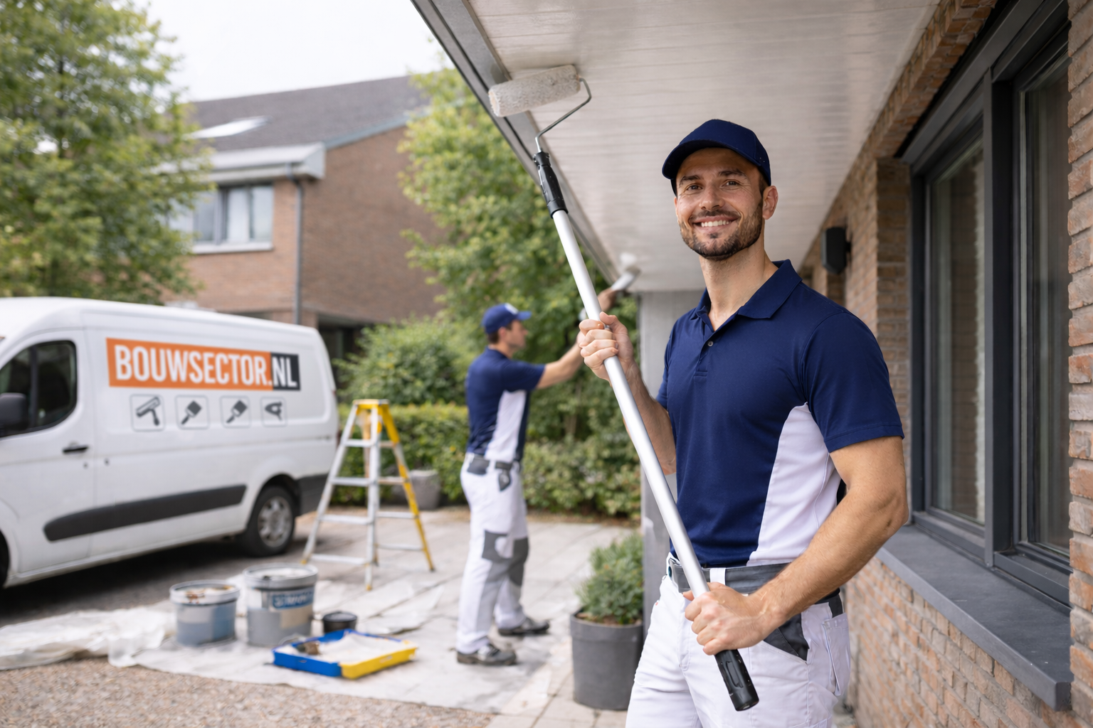 schilder Almere project met bus en logo Bouwsector Nederland kozijnen en gevel strak geschilderd.